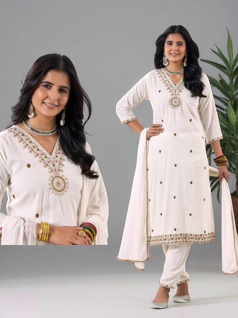 Rayon Kurti pant set with chiffon dupatta