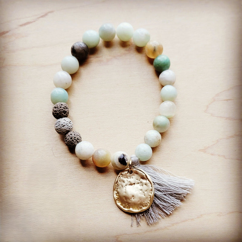 Amazonite Stretch Beaded Bracelet with Tassel and Coin 806m