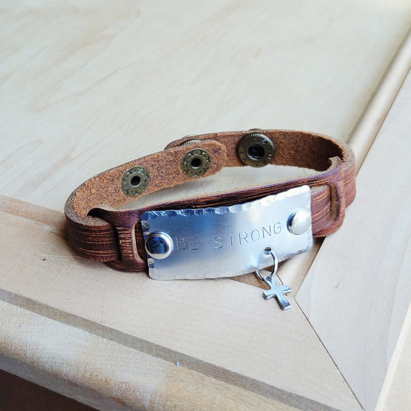 **Be Strong Hand Stamped Leather Cuff 002z