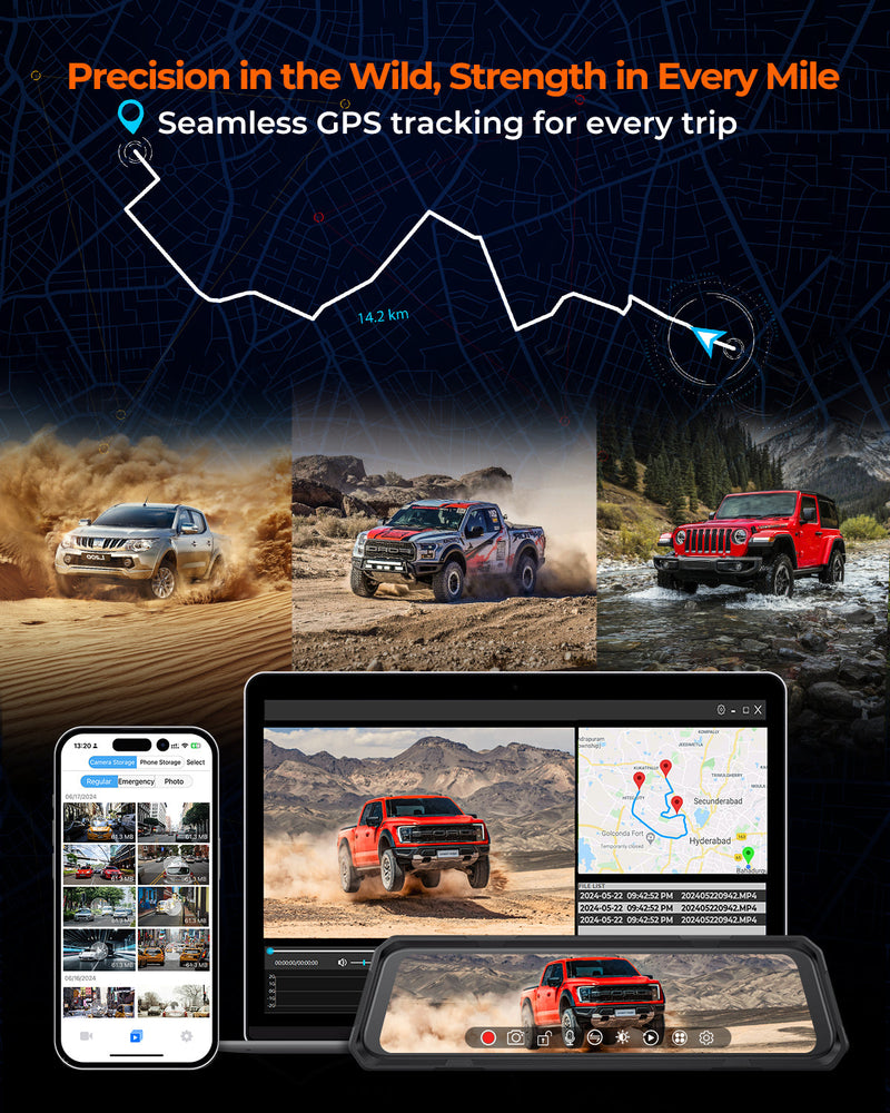 The Legend 3CH Waterproof Mirror Dash Cam, 1080P/60fps, 3-Cam