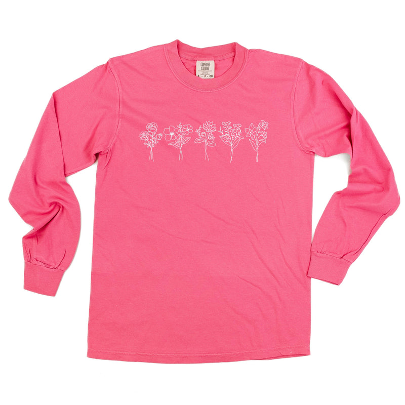 Embroidered Long Sleeve Comfort Colors Tee - 5 Birth Flower w/ White Thread (center)