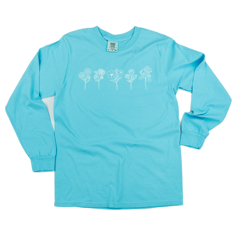 Embroidered Long Sleeve Comfort Colors Tee - 5 Birth Flower w/ White Thread (center)