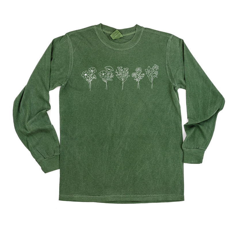 Embroidered Long Sleeve Comfort Colors Tee - 5 Birth Flower w/ White Thread (center)