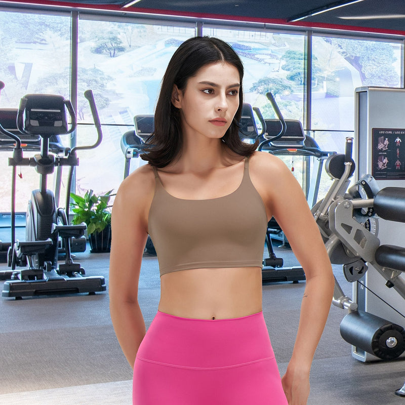 Women Strap Sport Bras Padded Strappy Crop Square Neck Low Impact Bras Sexy Fitness Tank Tops with Removable Pads Flat Straps for Gym Yoga Workout Run