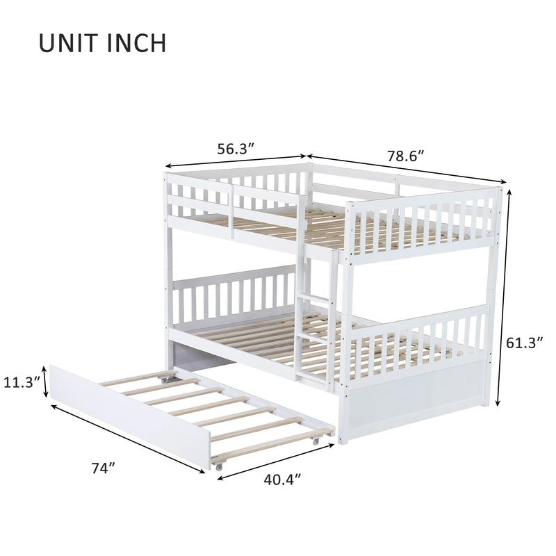 Full Over Full Rubber Wood Bunk Bed with Trundle, Ladder and Guardrails, Convertible to 2 Full Size Beds, with Twin Size Trundle,White