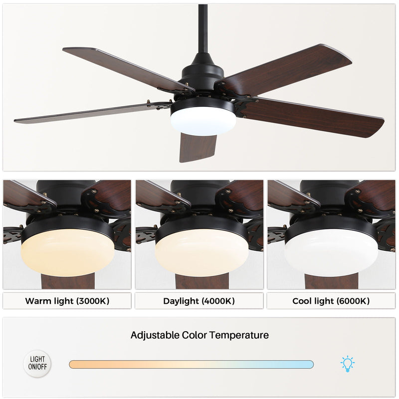 Modern Ceiling Fan With 3 Color Dimmable Light 5 Blades Remote Control Reversible Dc Motor For Bedroom - Black