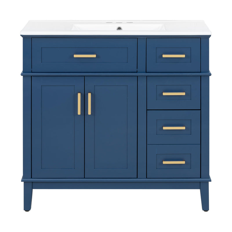 Bathroom Vanity With Ceramic Sink, Soft-Close Doors, 4 Storage Drawers - Blue