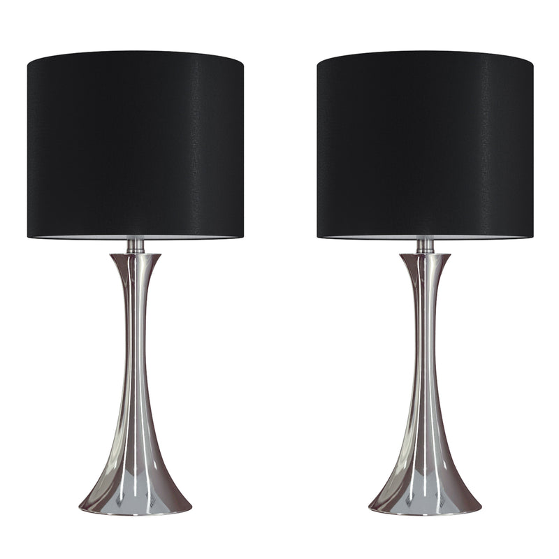 Lenuxe 24' Contemporary Metal Table Lamp Set in Polished Nickel with Black Silk-like Shade