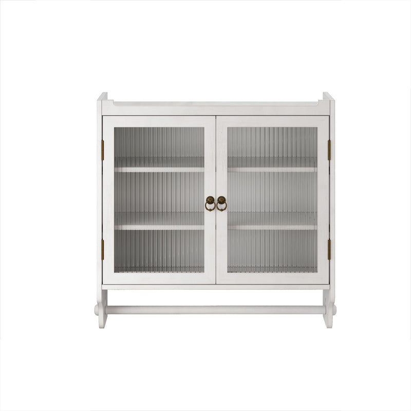 Vintage Double Door Wall Cabinet With Three Tiers Storage And Towel Rack - White Washed