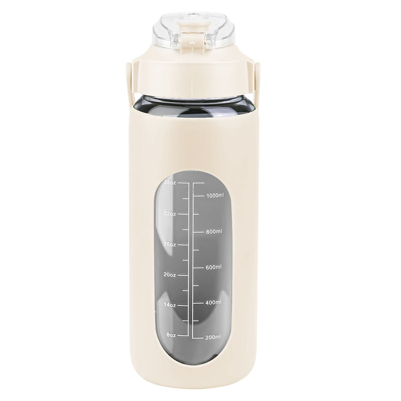34Oz Glass Water Bottle Sports Water Bottle Motivational Water Bottle Water Intake Tracker Bottle with Straw Time Marker Silicone Sleeve Handle for Gy