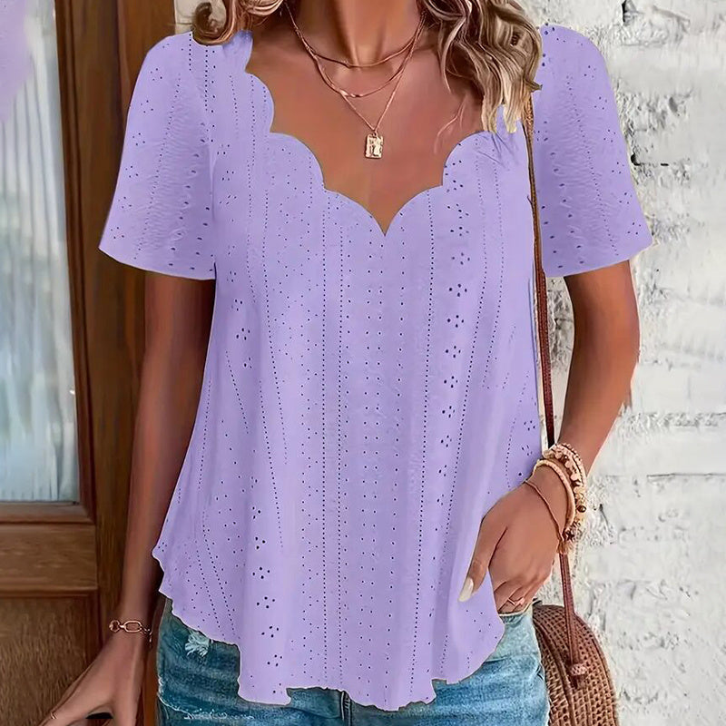 Womens Summer Scallop Trim V Neck Eyelet T-Shirt Short Sleeve Top Dressy Casual Tunic Blouses