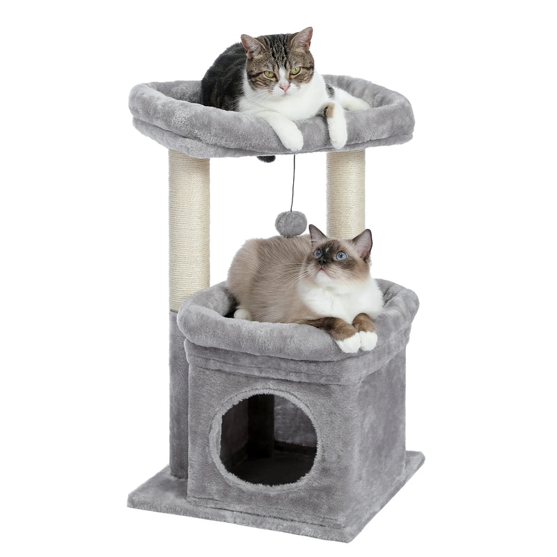 Cozy Gray Cat Tree Condo - 27" Multi-Level Tower with Spacious Perch and Scratching Posts for Kittens and Medium Cats