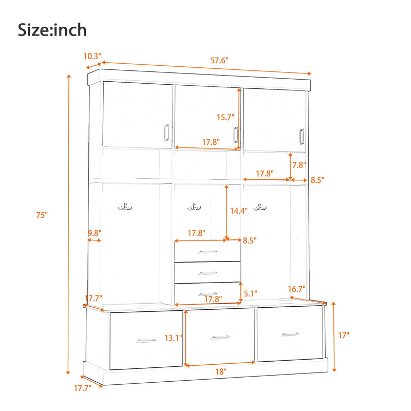 Entryway Hall Tree With Bench And Storage, 5 In 1 Coat Rack