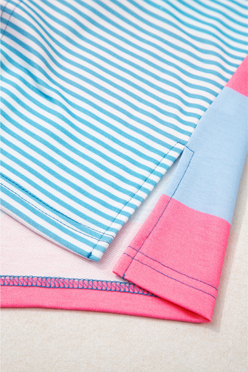 Blue Stripe Colorblock Patchwork Zip up Plus Size Pullover