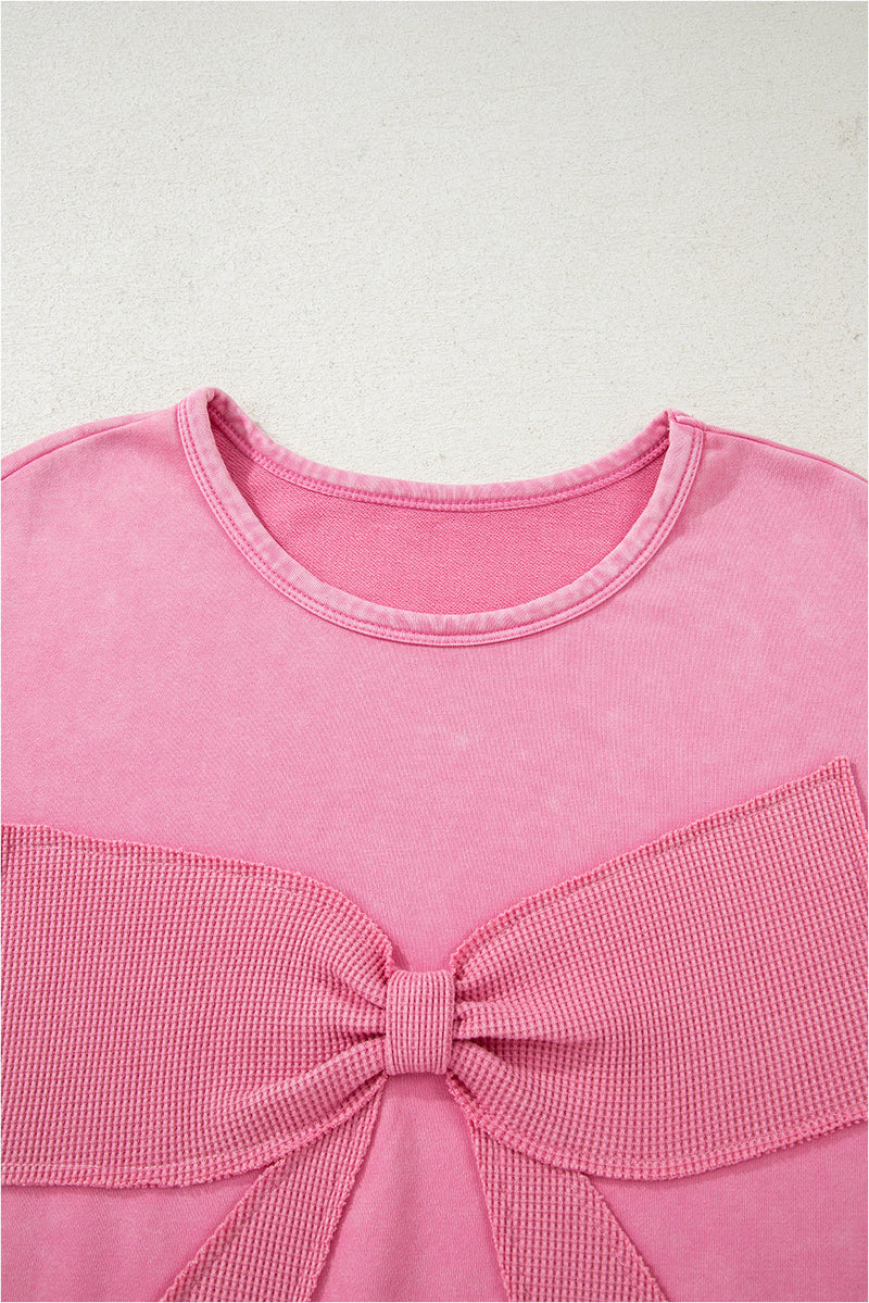 Bonbon Waffle Bowknot Patchwork Graphic Mineral Wash Plus Size Sweatshirt