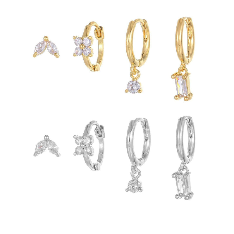 Stacking 4 Pieces Geometric Zircon Stud Earring Set, 18k Gold Plated Ear Studs and Drops, Trendy Sweet Cool Earrings, S925 Needle, Stacked Lobe Designs with Dazzling Zirconia