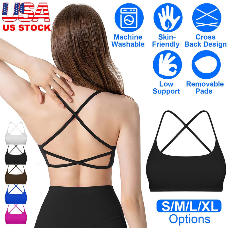 Women Cross Back Sport Bras Padded Strappy Crop Open Back Low Impact Bras Sexy Fitness Tank Tops with Removable Pads Thin Straps for Gym Yoga Workout