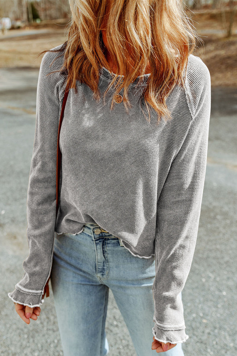 Daisy Textured Round Neck Long Sleeve Top