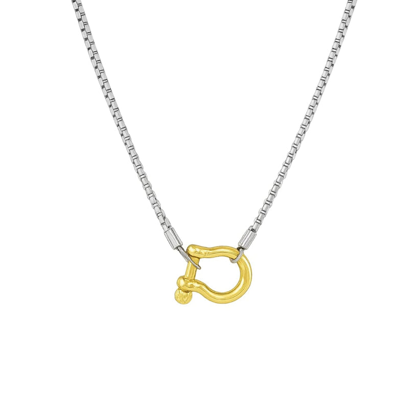Lucky Lock Carabiner Necklace – Two-Tone Mixed Metal Horseshoe Pendant Chain
