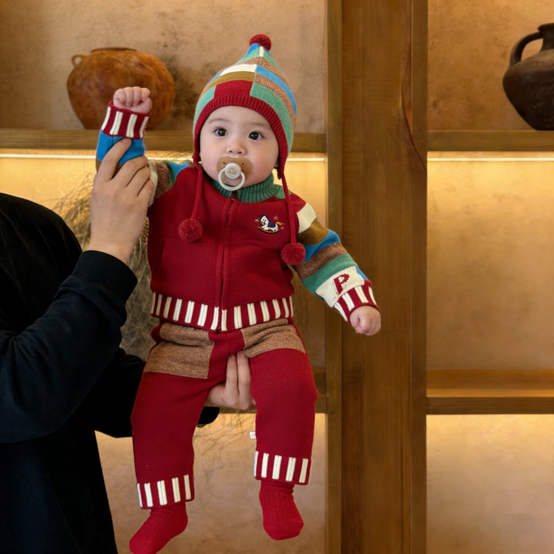 Knitted Contrasting-Color Red Sweater Pants And Hat New Year Three-Piece Set