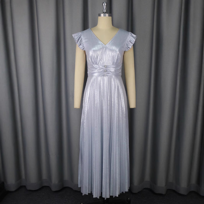 High Waist Crimp Elegant 5 New Style Silver V-neck Dress