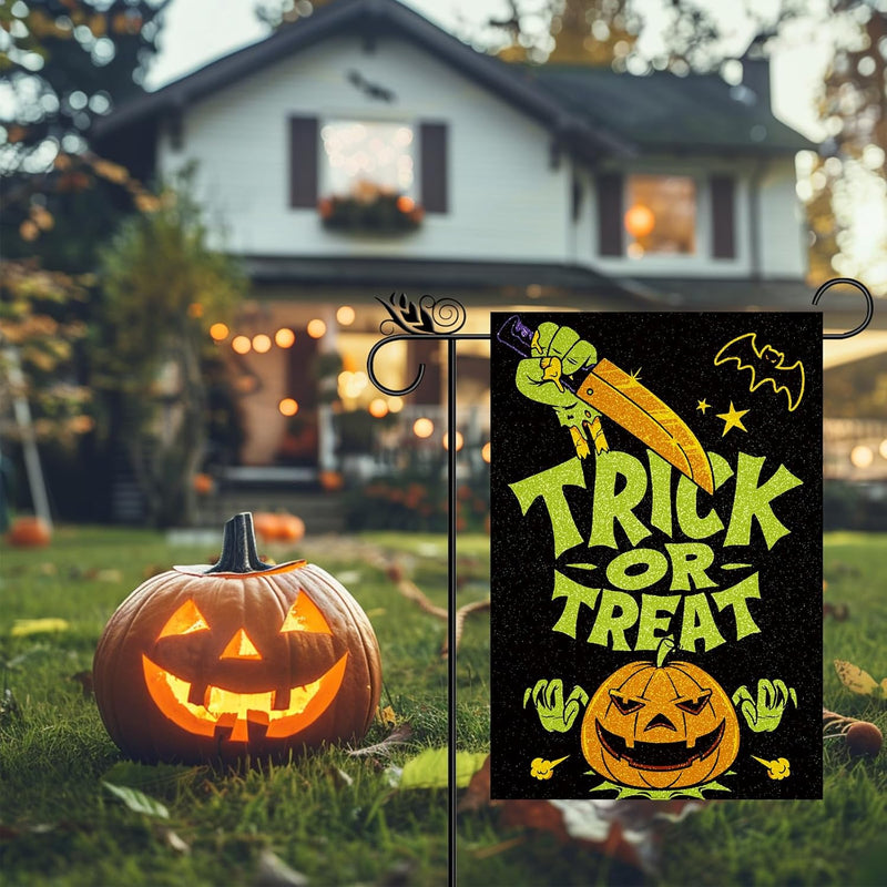 Halloween Garden Flag Trick or Treat Pumpkin Vertical Double Sided Glitter Flag for Holiday Yard Lawn Outdoor Decorations 12.5X18 Inch