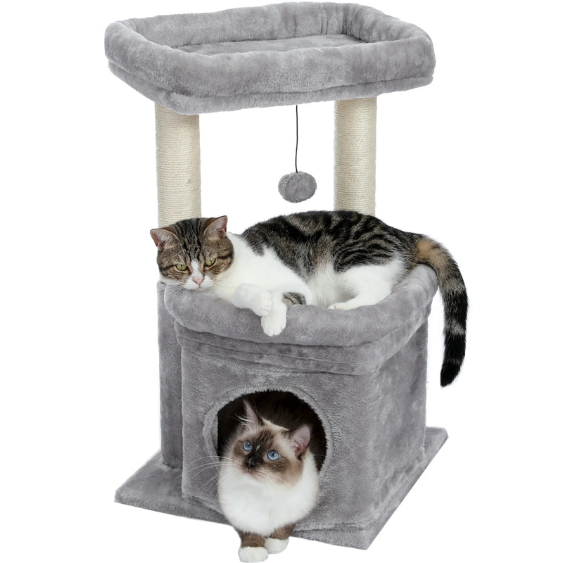 Cozy Gray Cat Tree Condo - 27" Multi-Level Tower with Spacious Perch and Scratching Posts for Kittens and Medium Cats