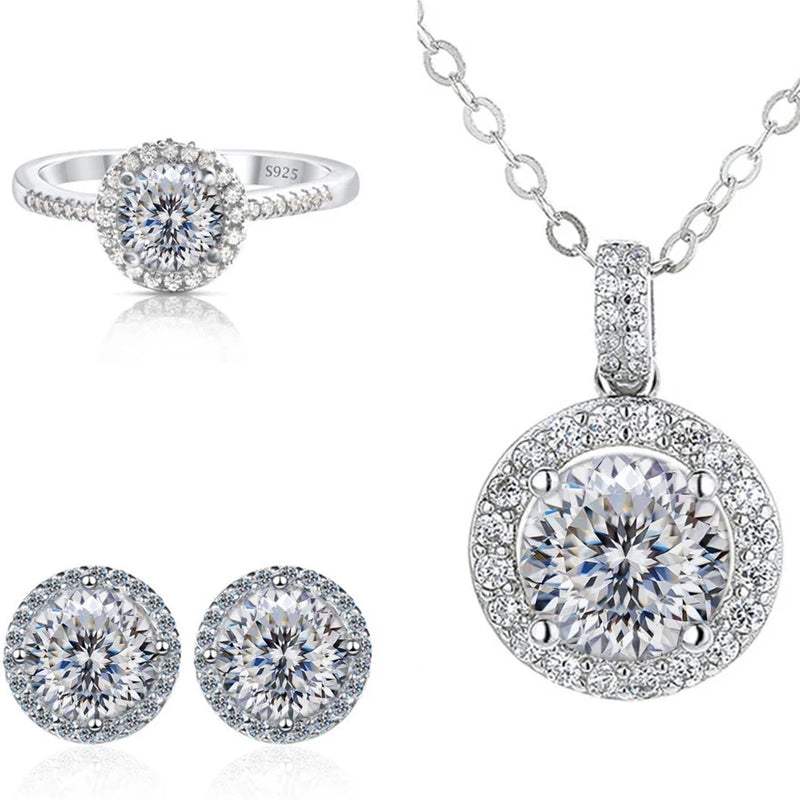 6.5mm Moissanite 925 Sterling Silver Bridal Jewelry Set Ring Earring Pendant