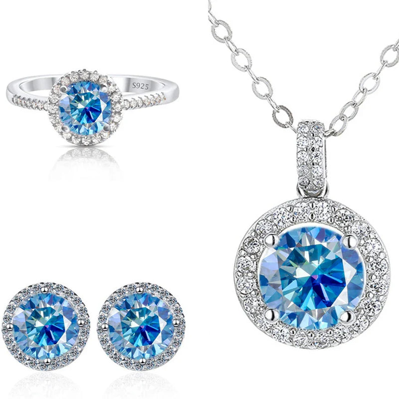 6.5mm Moissanite 925 Sterling Silver Bridal Jewelry Set Ring Earring Pendant