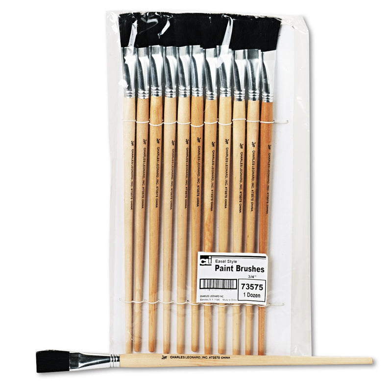 Charles Leonard Long Handle Easel Brush, Size 18, Natural Bristle, Flat Profile, 12/Pack