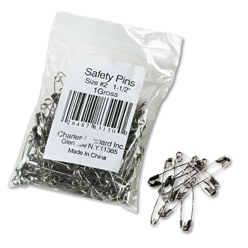 Charles Leonard Safety Pins, Nickel-Plated, Steel, 1.5" Length, 144/Pack