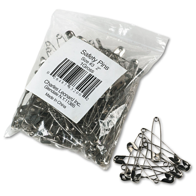 Charles Leonard Safety Pins, Nickel-Plated, Steel, 2" Length, 144/Pack
