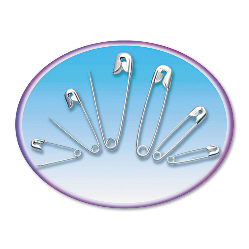 Charles Leonard Safety Pins, Nickel-Plated, Steel, Assorted Sizes, 50/Pack