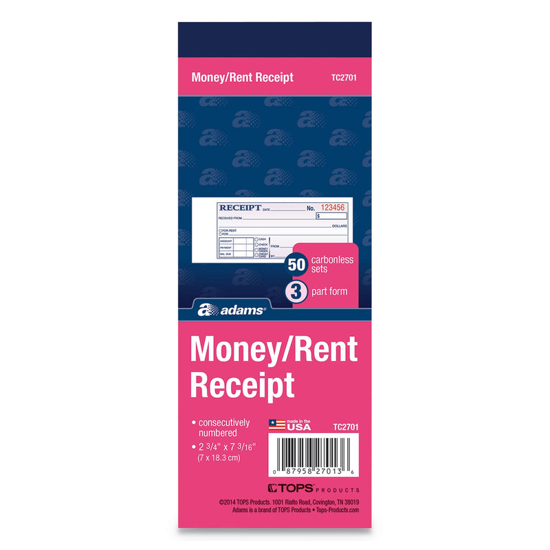 Adams Receipt Book, Three-Part Carbonless, 2.75 x 7.19, 1/Page, 50 Forms