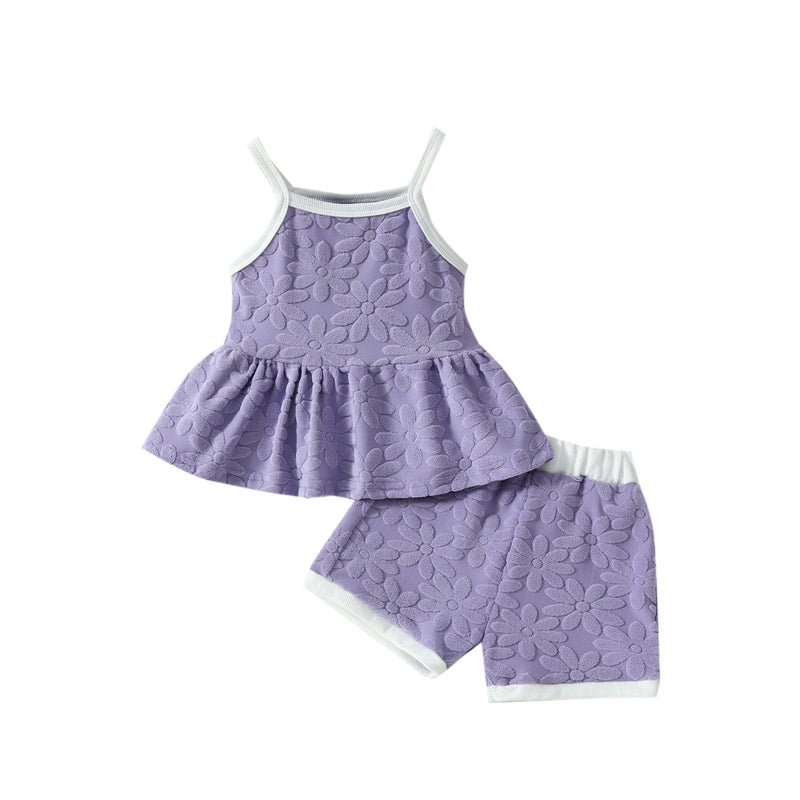 Printed Suspender Top Solid Color Shorts Suit