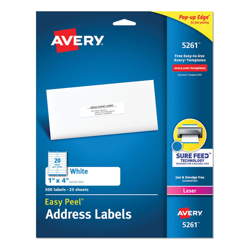 Avery Easy Peel White Address Labels w/ Sure Feed Technology, Laser Printers, 1 x 4, White, 20/Sheet, 25 Sheets/Pack