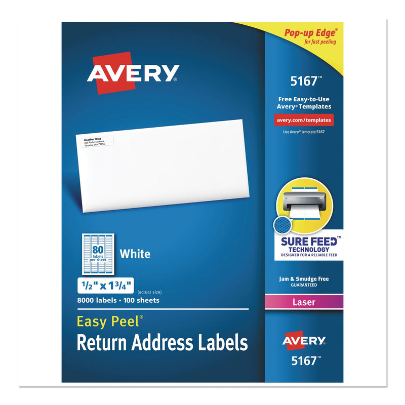Avery Easy Peel White Address Labels w/ Sure Feed Technology, Laser Printers, 0.5 x 1.75, White, 80/Sheet, 100 Sheets/Box