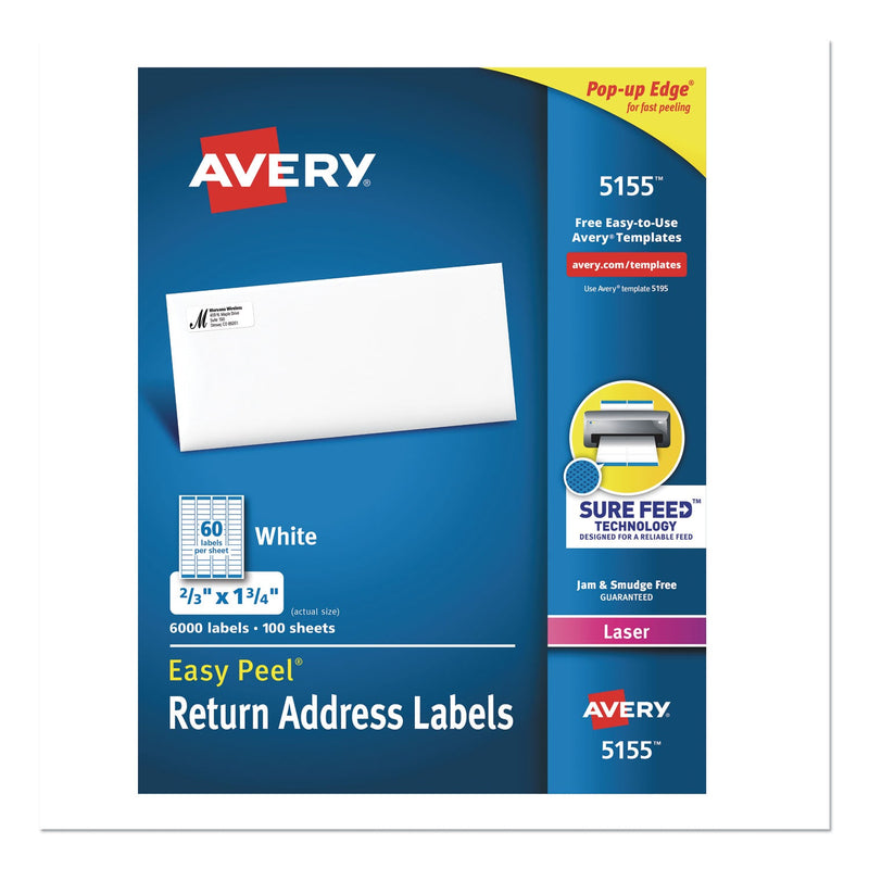 Avery Easy Peel White Address Labels w/ Sure Feed Technology, Laser Printers, 0.66 x 1.75, White, 60/Sheet, 100 Sheets/Pack