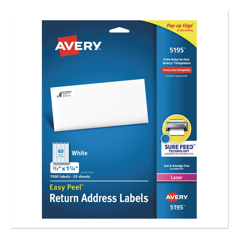Avery Easy Peel White Address Labels w/ Sure Feed Technology, Laser Printers, 0.66 x 1.75, White, 60/Sheet, 25 Sheets/Pack