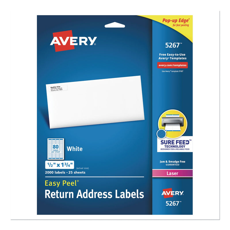 Avery Easy Peel White Address Labels w/ Sure Feed Technology, Laser Printers, 0.5 x 1.75, White, 80/Sheet, 25 Sheets/Pack
