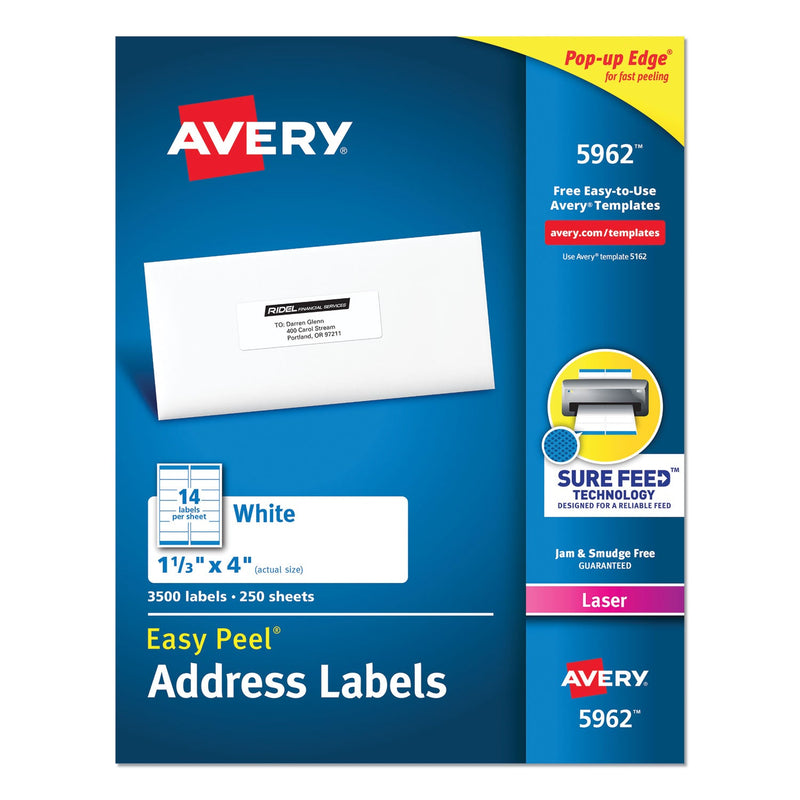 Avery Easy Peel White Address Labels w/ Sure Feed Technology, Laser Printers, 1.33 x 4, White, 14/Sheet, 250 Sheets/Box