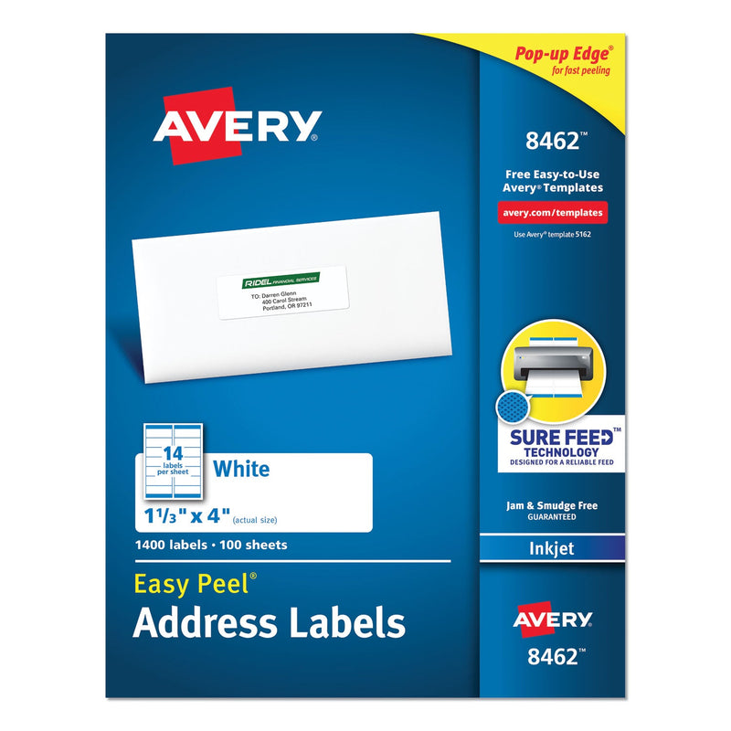 Avery Easy Peel White Address Labels w/ Sure Feed Technology, Inkjet Printers, 1.33 x 4, White, 14/Sheet, 100 Sheets/Box