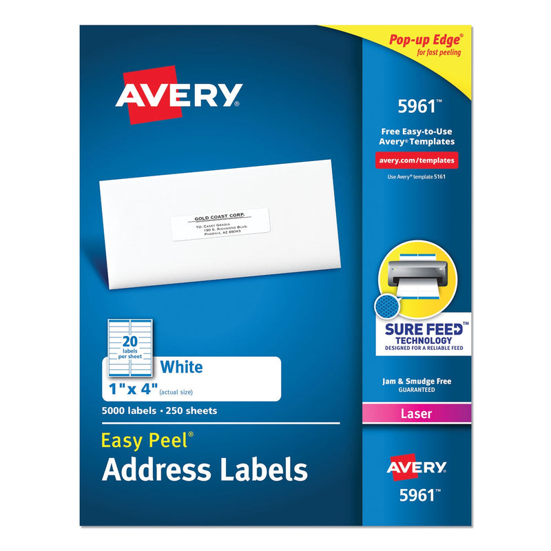 Avery Easy Peel White Address Labels w/ Sure Feed Technology, Laser Printers, 1 x 4, White, 20/Sheet, 250 Sheets/Box