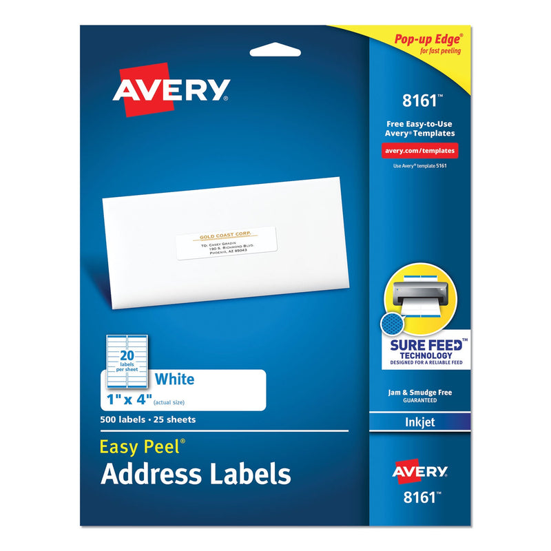 Avery Easy Peel White Address Labels w/ Sure Feed Technology, Inkjet Printers, 1 x 4, White, 20/Sheet, 25 Sheets/Pack