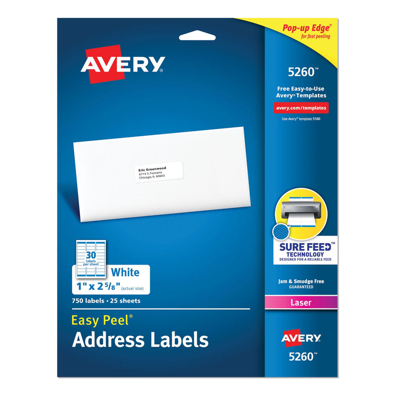 Avery Easy Peel White Address Labels w/ Sure Feed Technology, Laser Printers, 1 x 2.63, White, 30/Sheet, 25 Sheets/Pack