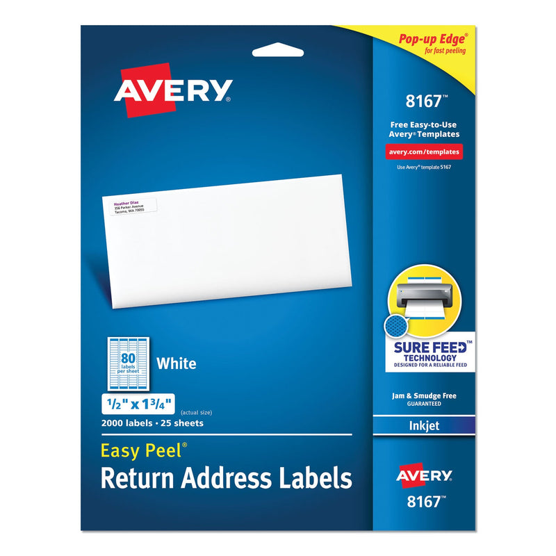 Avery Easy Peel White Address Labels w/ Sure Feed Technology, Inkjet Printers, 0.5 x 1.75, White, 80/Sheet, 25 Sheets/Pack