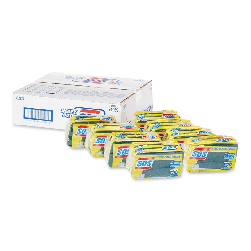 S.O.S. Heavy Duty Scrubber Sponge, 2.5 x 4.5, 0.9" Thick, Yellow/Green, 3/Pack, 8 Packs/Carton