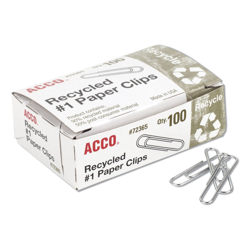 ACCO Recycled Paper Clips, #1, Smooth, Silver, 100 Clips/Box, 10 Boxes/Pack