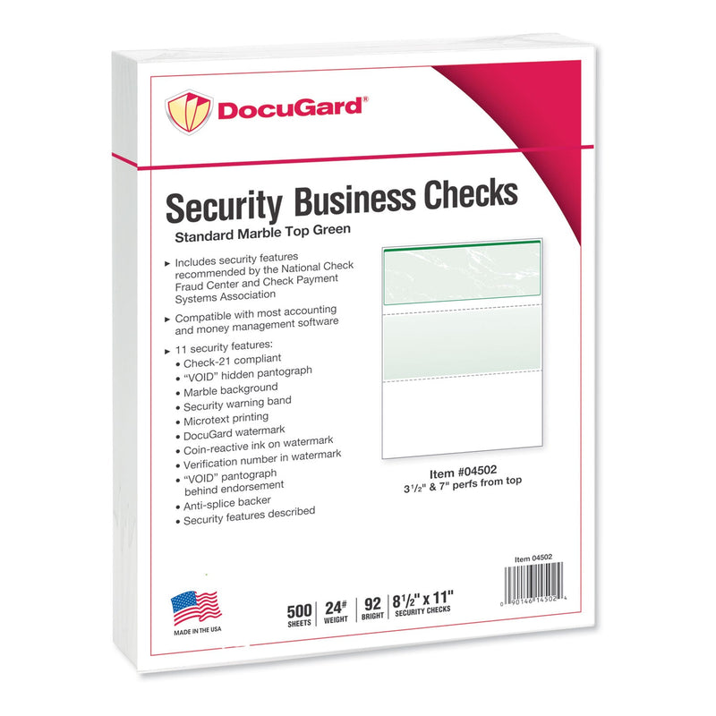 DocuGard Standard Security Check, 11 Features, 8.5 x 11, Green Marble Top, 500/Ream