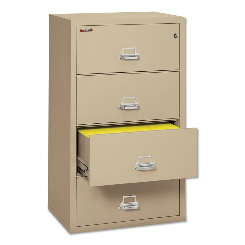 FireKing Insulated Lateral File, 4 Legal/Letter-Size File Drawers, Parchment, 31.13" x 22.13" x 52.75", 260 lb Overall Capacity